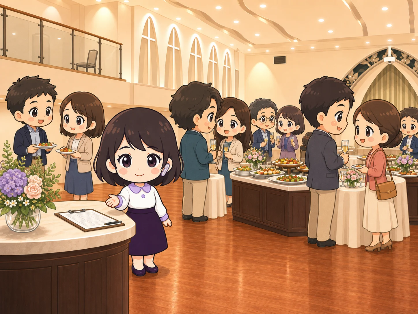 受付で案内するリラと、立食ビュッフェを囲んで再会を楽しむ同窓生のイメージイラスト