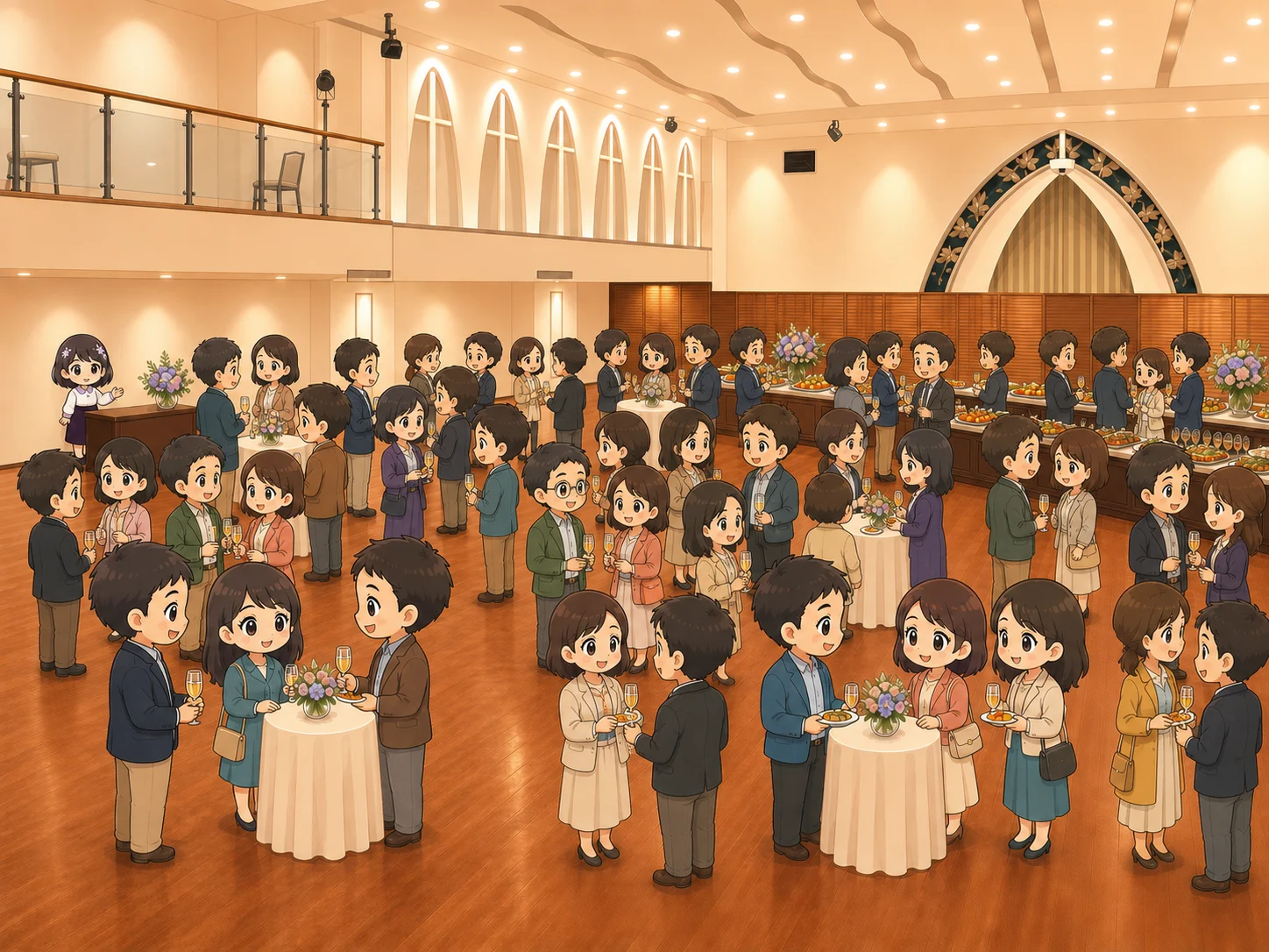 明るい宴会場で、同窓生が立食ビュッフェと歓談を楽しむ会場イメージイラスト